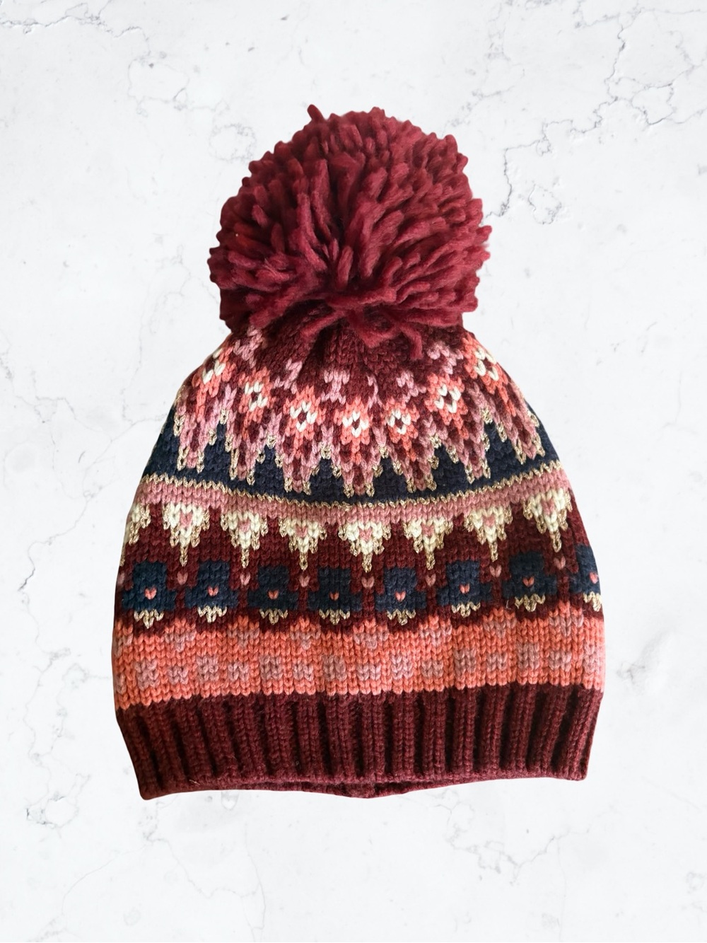 Nine West Burgundy Pink Multicolor Knit Pom Beanie